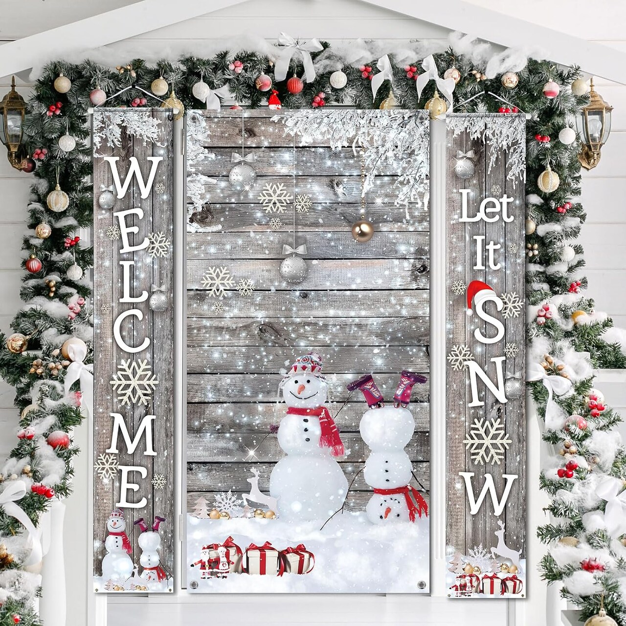 3 Pcs Snowman Door Decorations Winter Snowflakes Welcome Door Cover and Banners Set Christmas Cover Decor Winter Wonderland Porch Banner for Outdoor Indoor Holiday Party Decor